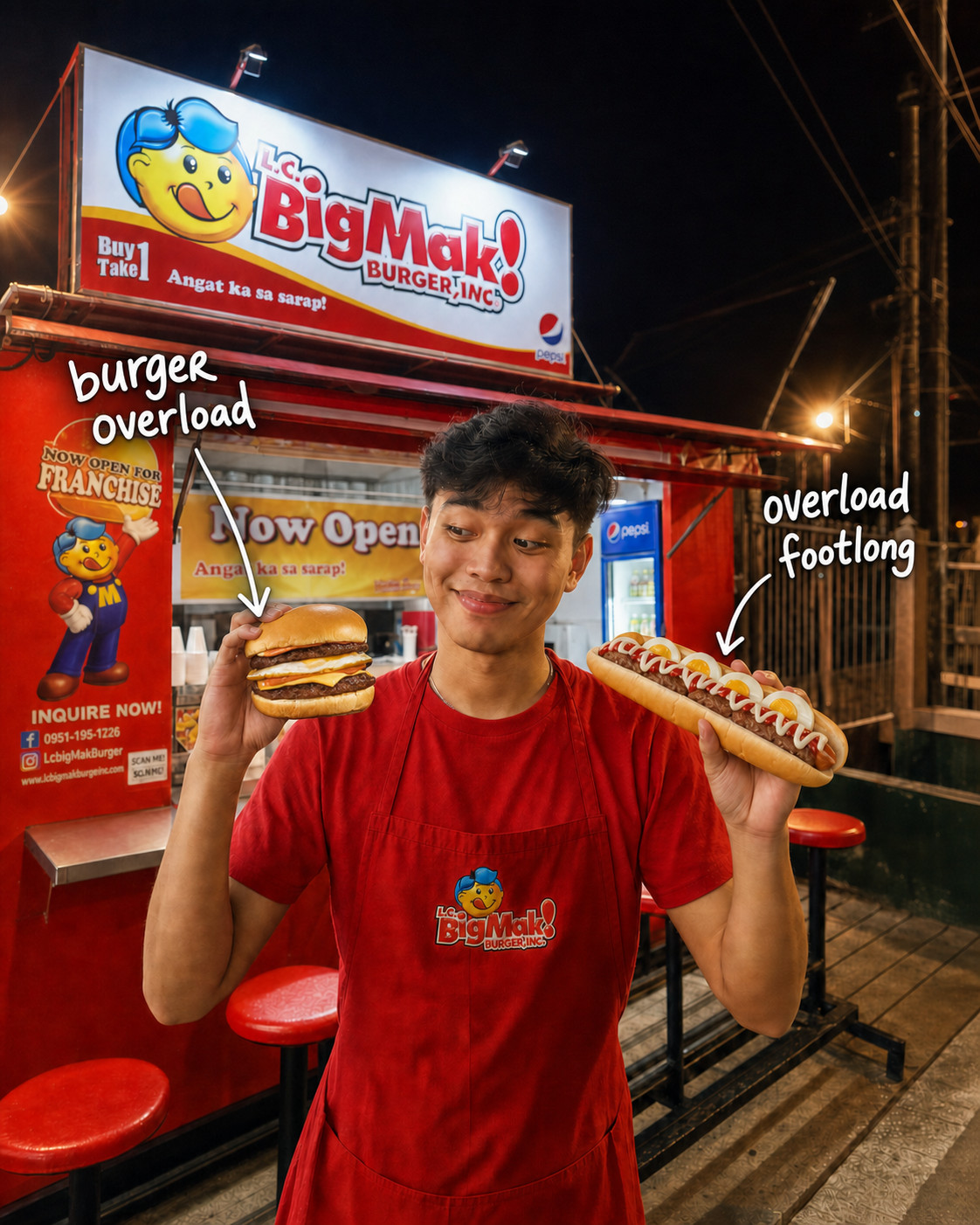 LC Big Mak crew member choosing between a burger and a footlong